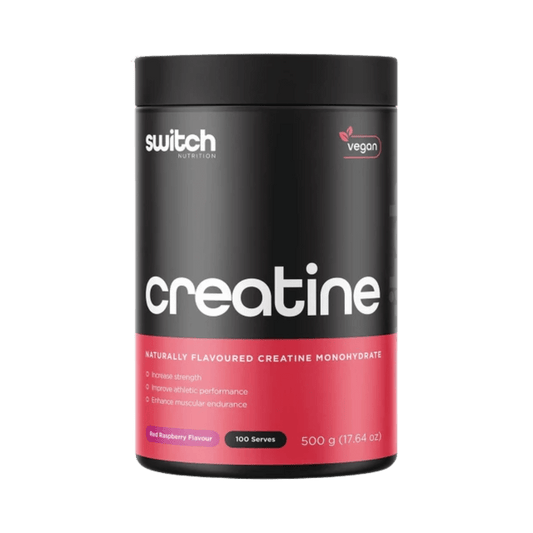 Black and red container of switch nutrition creatine on a white background