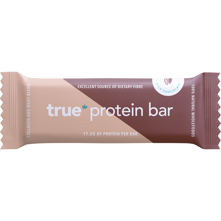 Rich chocolate True Protein protein bar on a white background