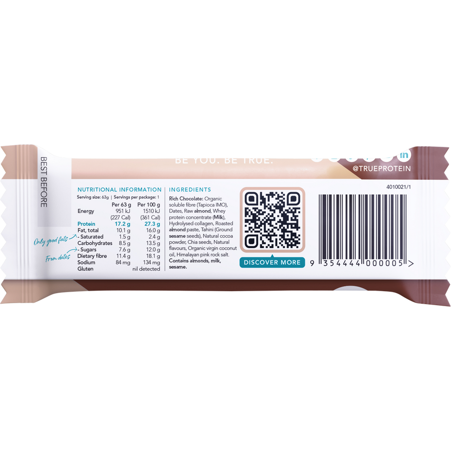 Rich chocolate True Protein protein bar in packaging