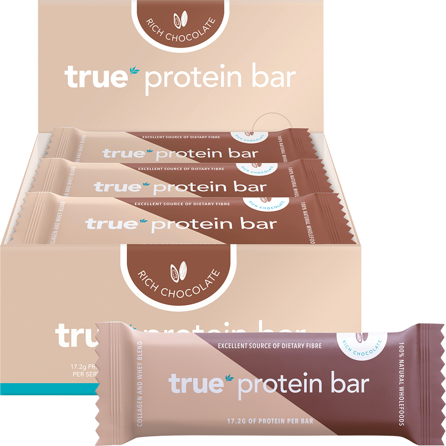 Rich chocolate True Protein protein bar packaging