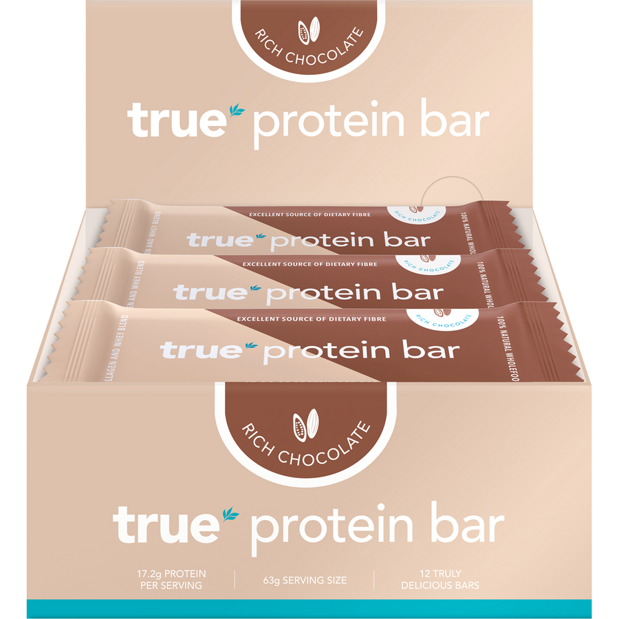 Rich chocolate True Protein protein bar displayed in packaging