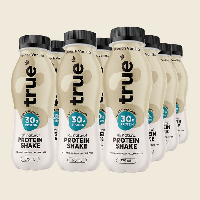 True Protein All Natural French Vanilla Shake 12 x 375ml carton with bottle
