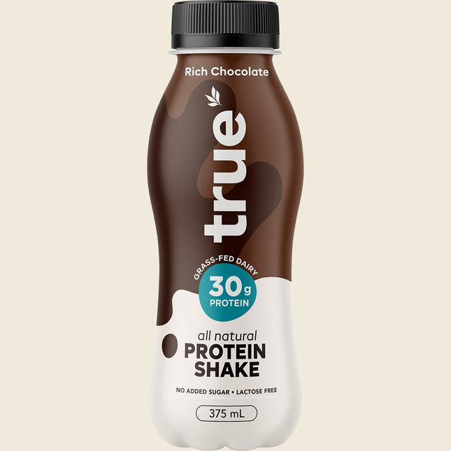 True Protein All Natural Protein Shake Rich Chocolate 375ml bottle showing 30g protein