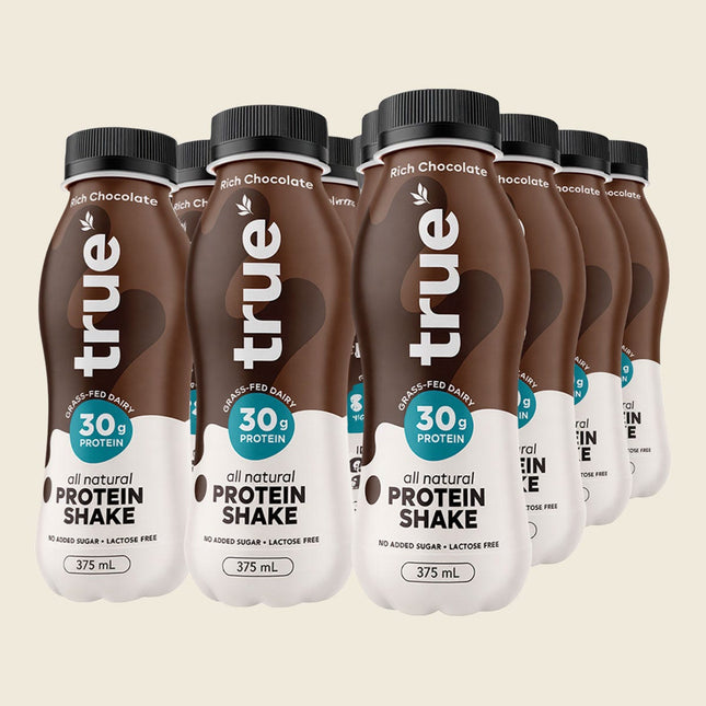 True Protein All Natural Rich Chocolate Shake 12 x 375ml carton with bottle