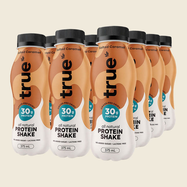 True Protein All Natural Salted Caramel Shake 12 x 375ml carton with bottle