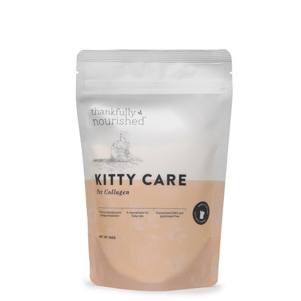 Package of 'thankfully nourished' Kitty Care with Collagen on a white background
