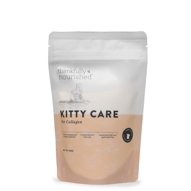 Package of 'thankfully nourished' Kitty Care with Collagen on a white background