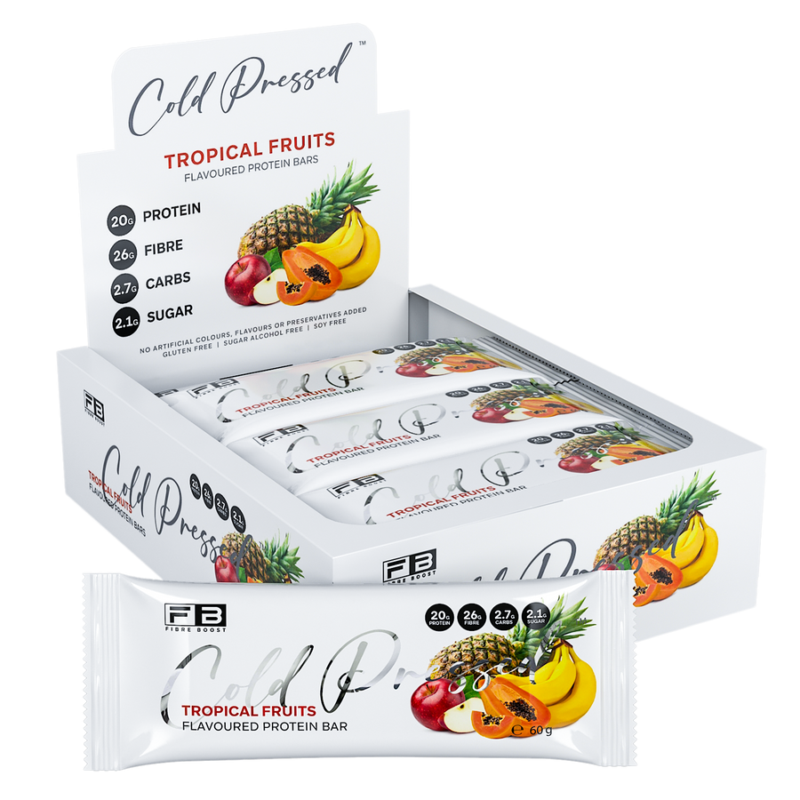 Box of tropical fruit flavored protein bars on a white background