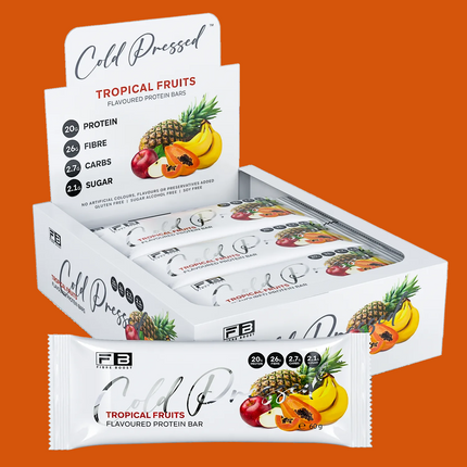 Box of tropical fruit flavored protein bars on a white background