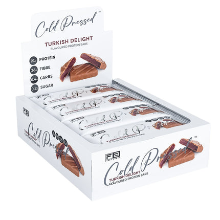Box of Fibre Boost Turkish Delight flavoured cold pressed protein bar, high fibre and 20g+ protein
