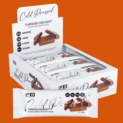 Box of Cold Pressed Turkish Delight protein bars on a white background