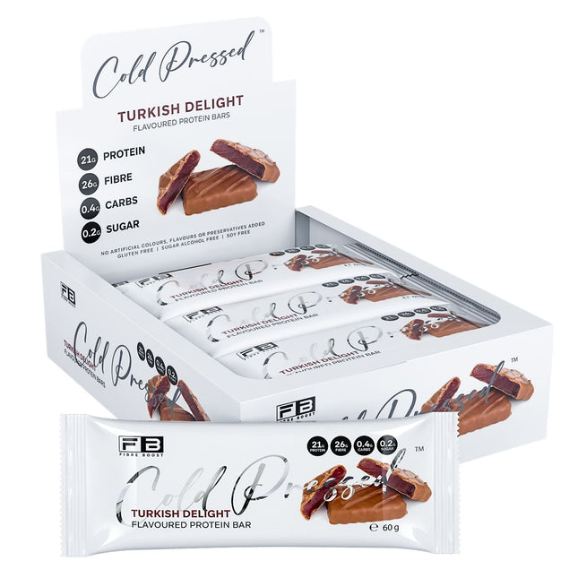 Box of Cold Pressed Turkish Delight protein bars on a white background