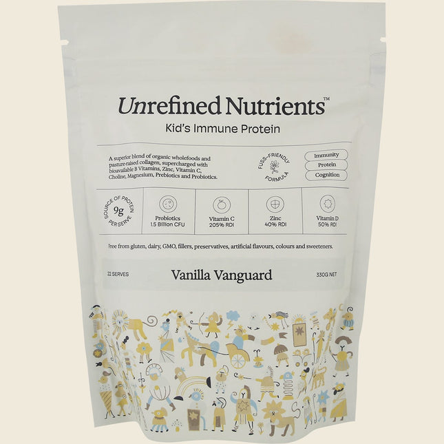 Unrefined Nutrients Kid's Immune Protein Vanilla Vanguard 330g pouch front