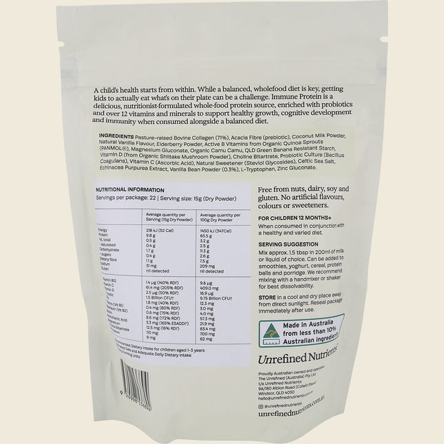 Back of Unrefined Nutrients Kid's Immune Protein Vanilla Vanguard pouch showing ingredients and nutrition panel