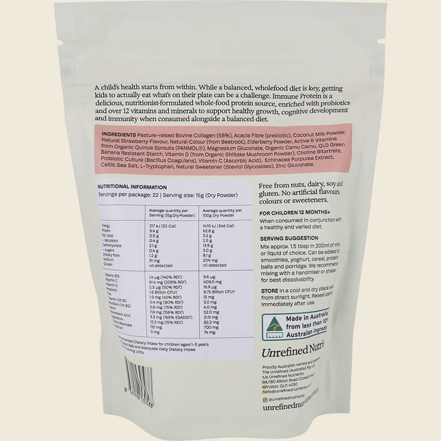 Back of Unrefined Nutrients Kid's Immune Protein Strawberry Fort pouch showing ingredients and nutrition panel