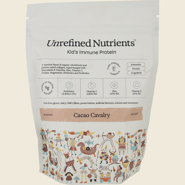 Unrefined Nutrients Kid's Immune Protein Cacao Cavalry 330g pouch front