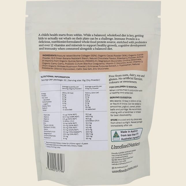 Back of Unrefined Nutrients Kid's Immune Protein Cacao Cavalry pouch showing ingredients and nutrition panel