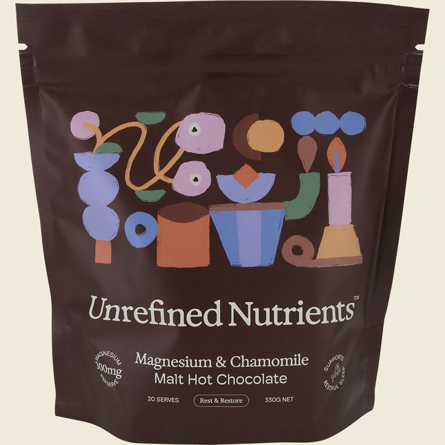 Unrefined Nutrients Magnesium and Chamomile Malt Hot Chocolate 330g pouch front