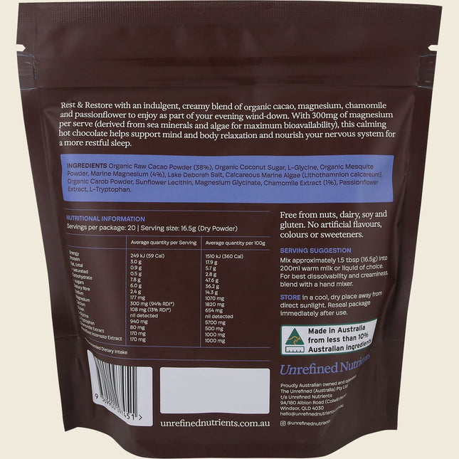 Back of Unrefined Nutrients Magnesium and Chamomile Hot Chocolate pouch showing ingredients and nutrition panel