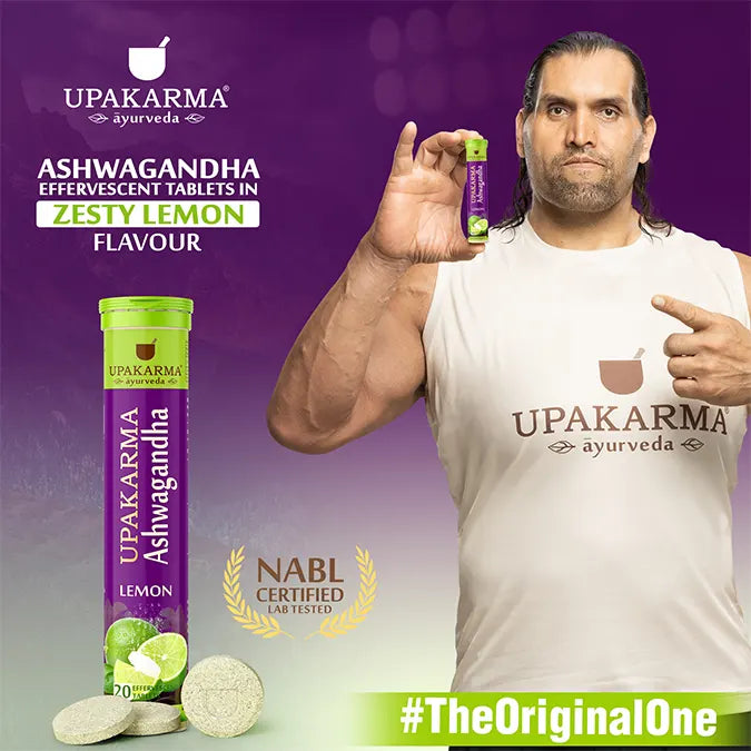 Lemon-flavored Upakarma Ashwagandha effervescent tablets