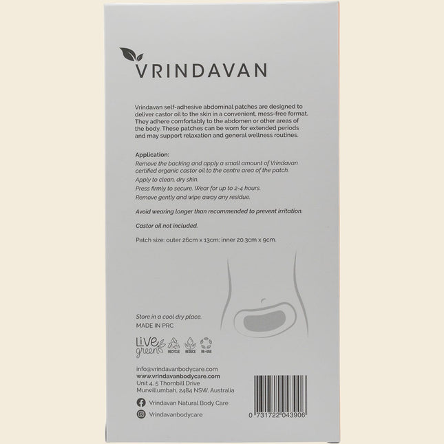 Back of Vrindavan Self Adhesive Abdominal Patches box showing application instructions