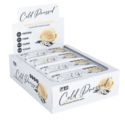 Box of Fibre Boost Vanilla Ice-Cream flavoured cold pressed protein bar with nutritional information
