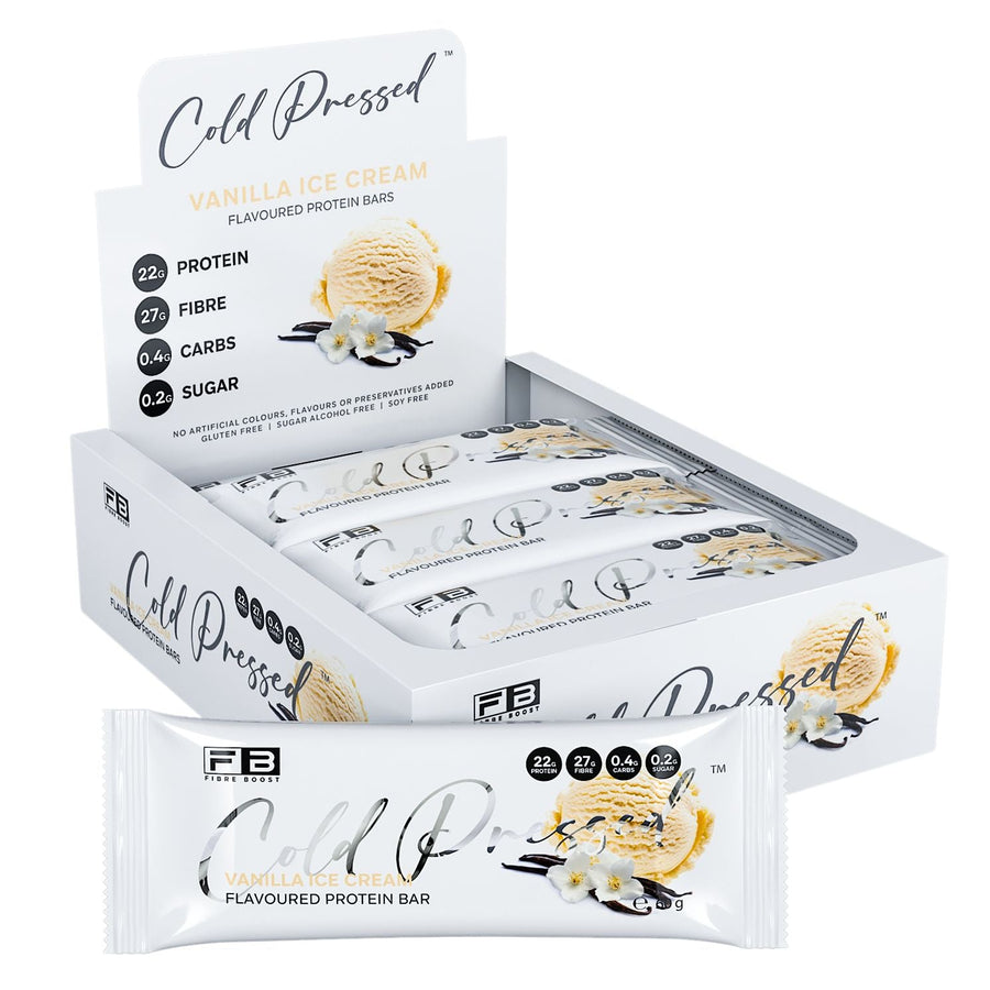 Box of Cold Pressed protein bars on a white background