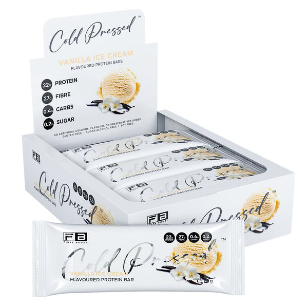 Box of Cold Pressed protein bars on a white background