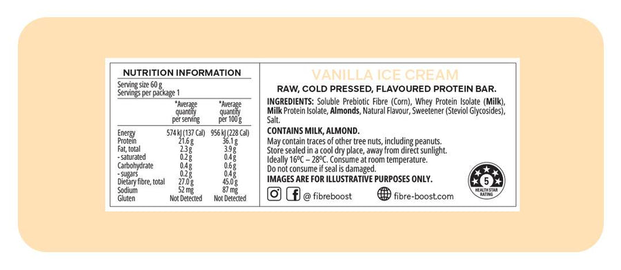 Nutrition label on a protein bar packaging