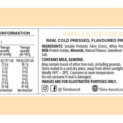 Nutrition label for Fibre Boost Vanilla Ice-Cream protein bar