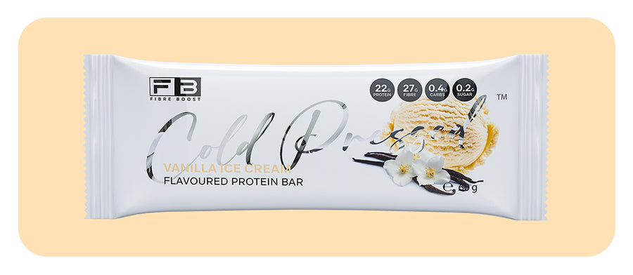 Protein bar packaging with visible branding on a beige background