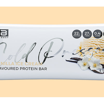Protein bar packaging with visible branding on a beige background