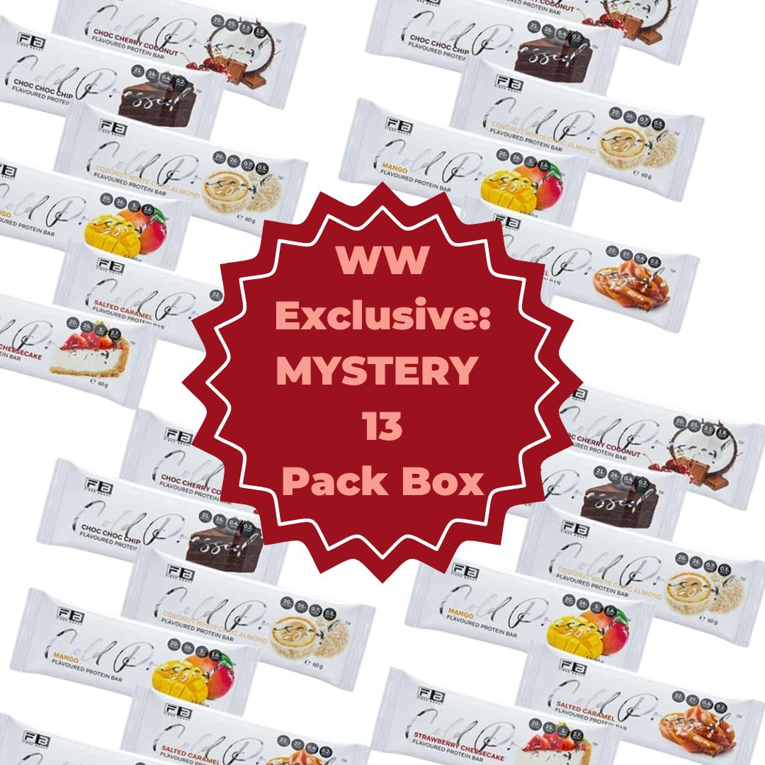 Fibre Boost Protein Bar – Variety Pack with various dessert packages on a white background