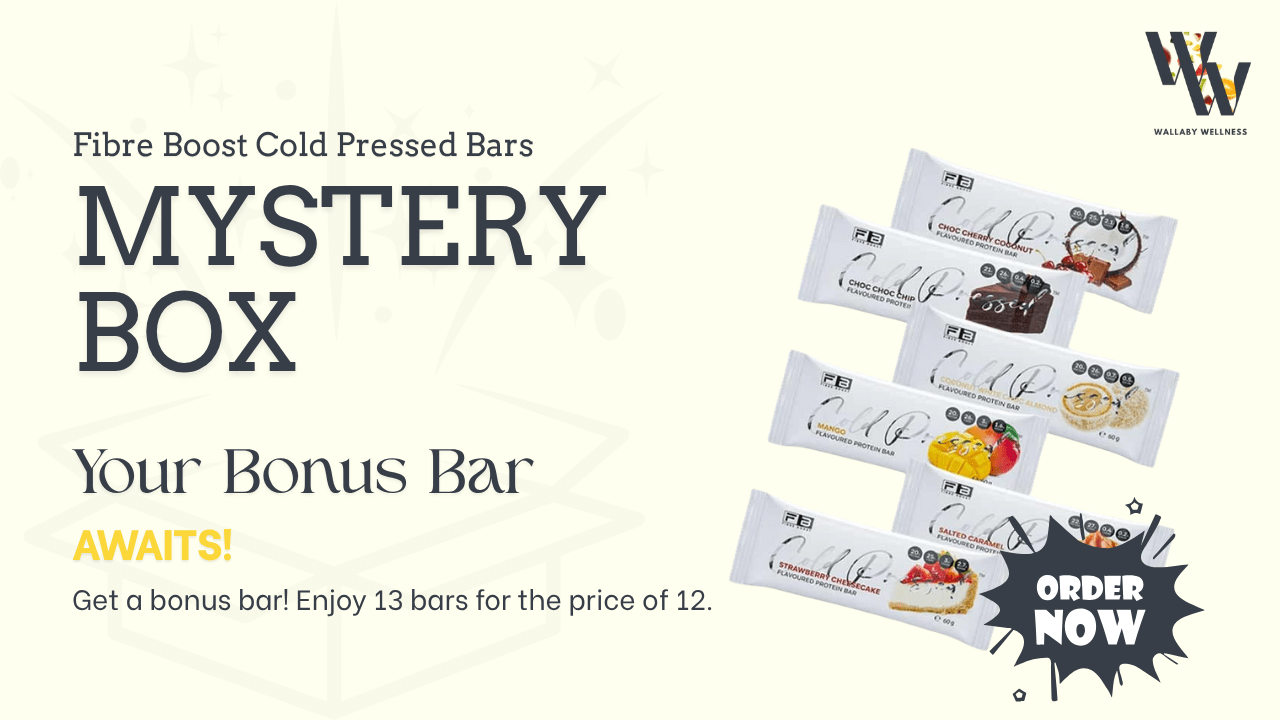 Promotional image for the Wallaby Wellness Fibre Boost Cold Pressed Bars "Mystery Box.
