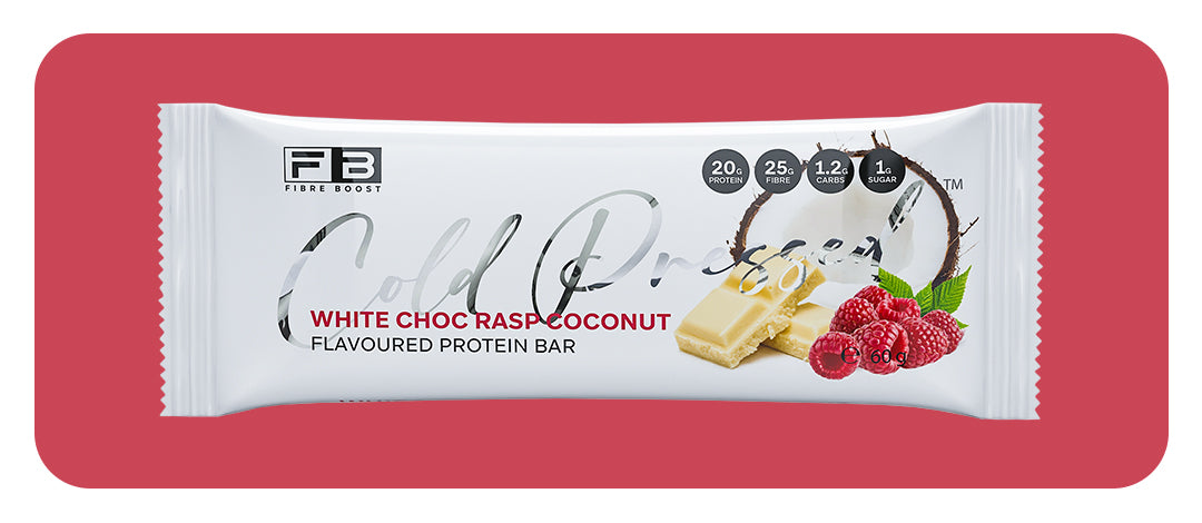 Fibre Boost Cold Pressed White Choc Raspberry Coconut flavoured Protein Bar