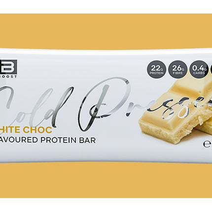 White chocolate flavored protein bar packaging on a yellow background