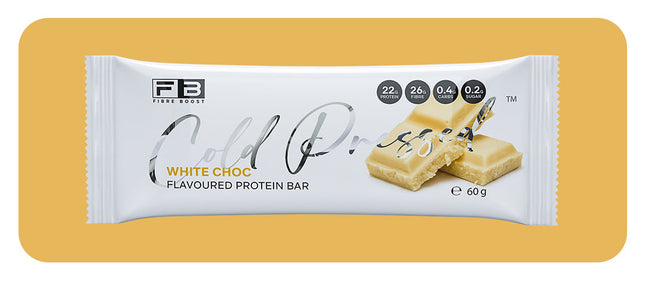 Fibre Boost White Choc flavoured cold pressed protein bar packaging close-up