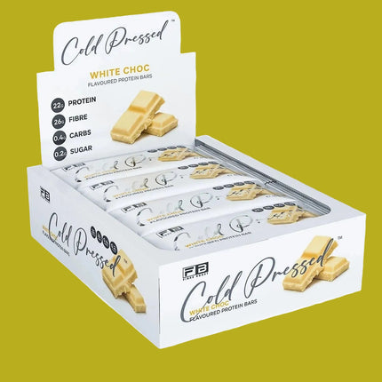 Box of Fibre Boost White Choc flavoured cold pressed protein bar, high fibre and 20g+ protein