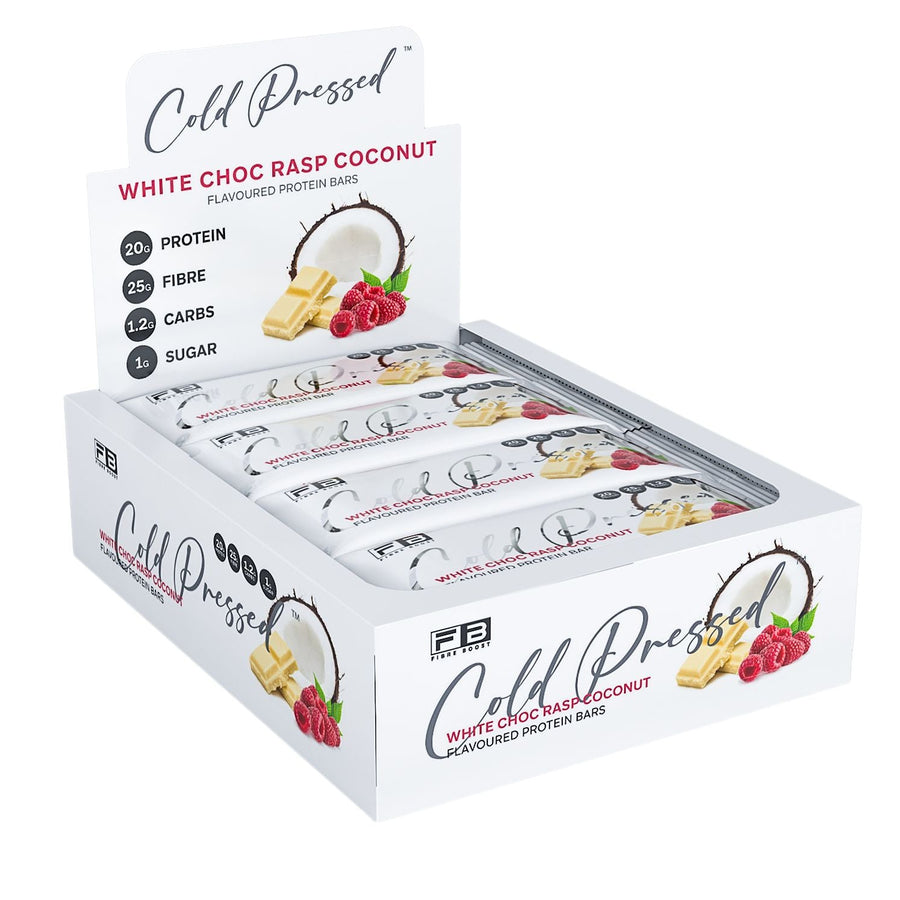 Fibre Boost Cold Pressed White Choc Raspberry Coconut flavoured Protein Bar