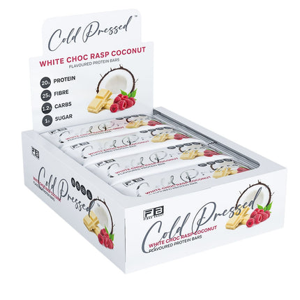 Box of Fibre Boost White Choc Raspberry Coconut flavoured cold pressed protein bar, high fibre and 20g+ protein