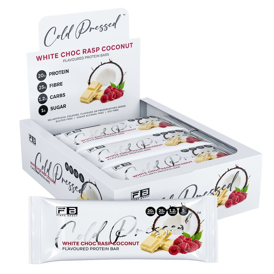 Fibre Boost Cold Pressed White Choc Raspberry Coconut flavoured Protein Bar