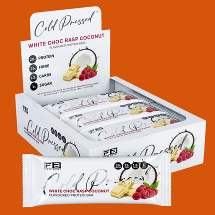 Box of Fibre Boost White Choc Rasp Coconut protein bars on a white background