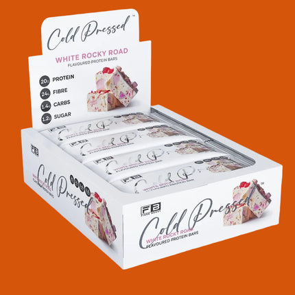 Box of 12 Fibre Boost White Rocky Road cold pressed protein bars