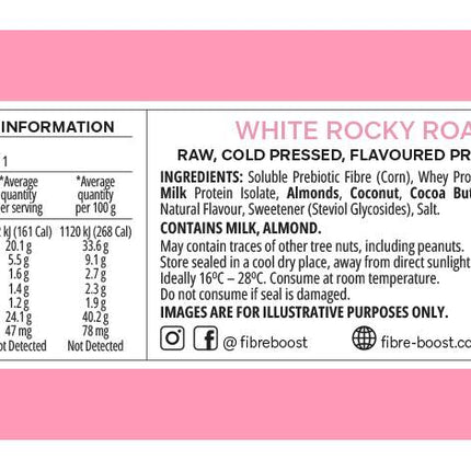 Nutrition information panel for Fibre Boost White Rocky Road cold pressed protein bar
