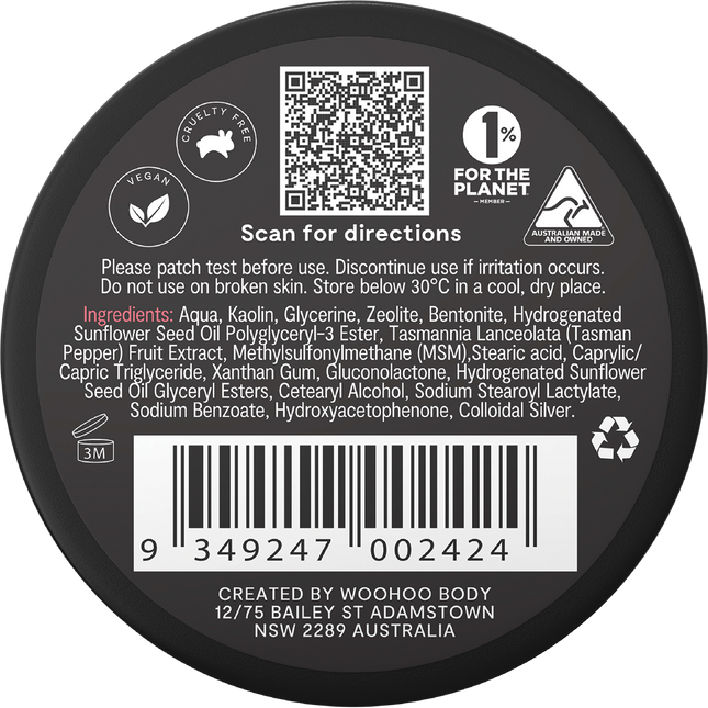 Woohoo Body detoxifying clay armpit mask natural detox for underarms before using natural deodorant Australia