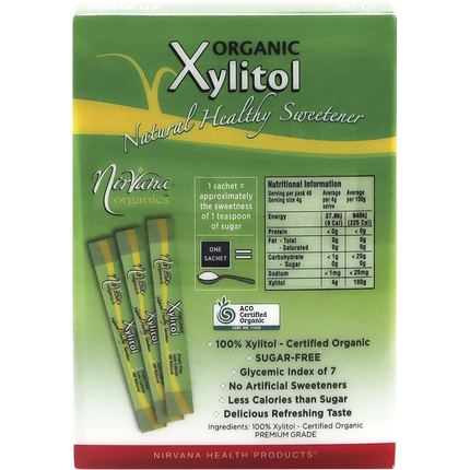 Certified organic Nirvana Organics xylitol sticks displayed on kitchen counter