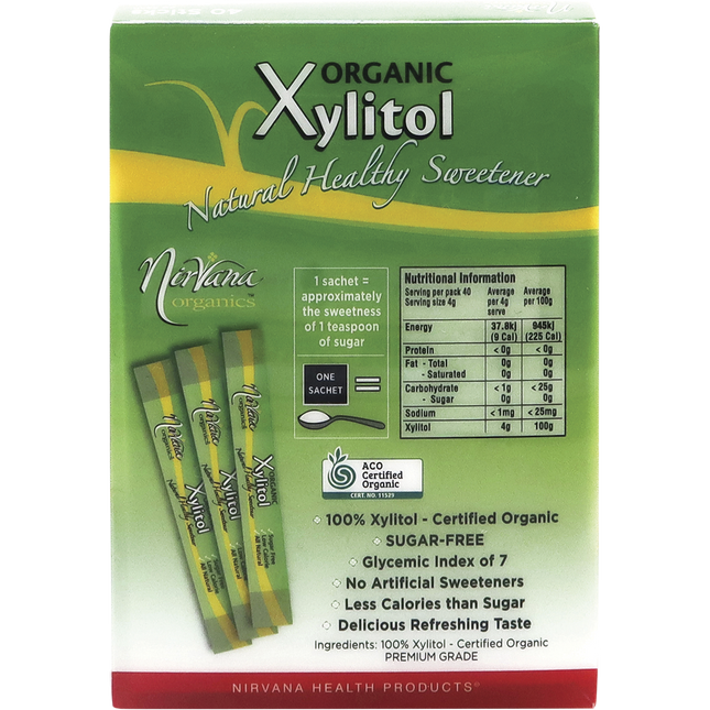 Certified organic Nirvana Organics xylitol sticks displayed on kitchen counter