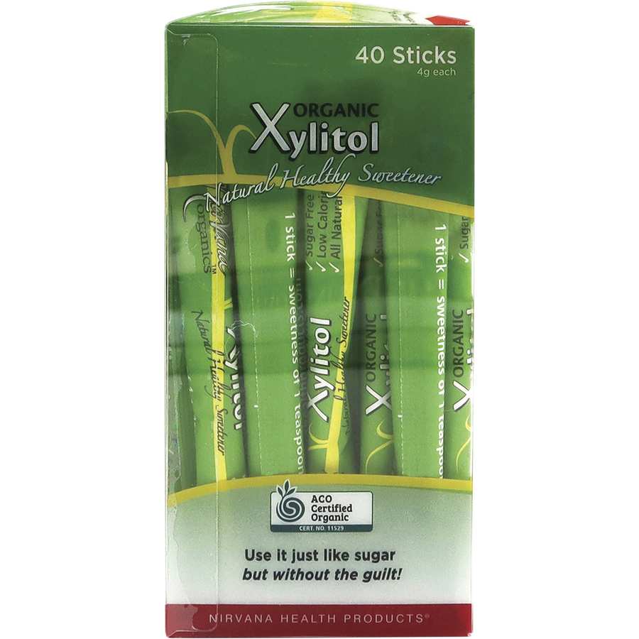 Certified organic xylitol sticks from Nirvana Organics in recyclable box packaging