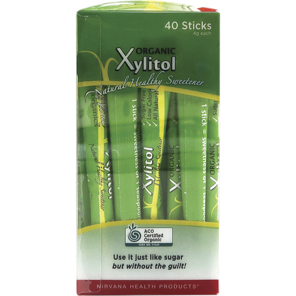 Certified organic xylitol sticks from Nirvana Organics in recyclable box packaging