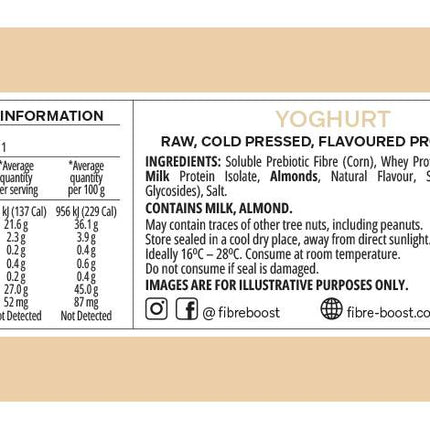 Nutrition information panel for Fibre Boost Yoghurt cold pressed protein bar